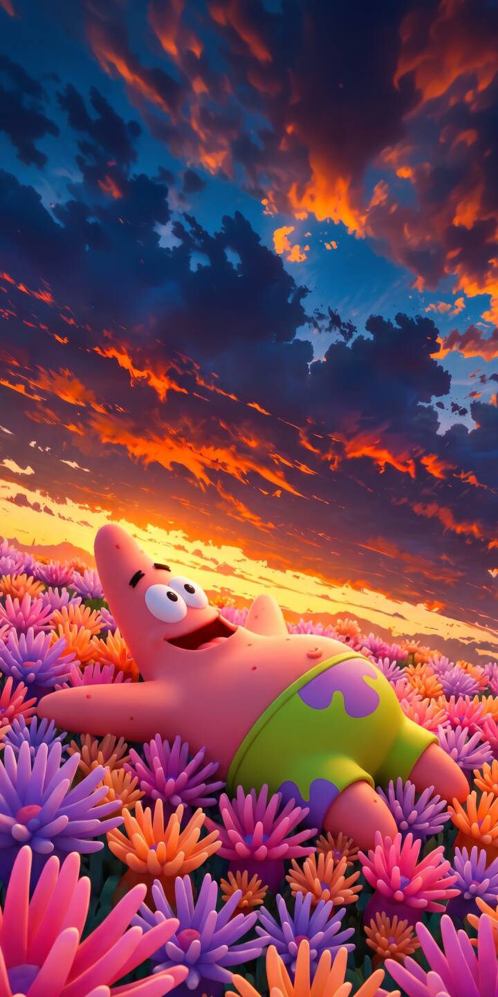 Vibrant orange and blue hues explode in the sunset sky above Patrick Star, who blissfully relaxes amidst a field of whimsical, colorful coral-like flowers in this striking 4K wallpaper. It's the perfect peaceful wallpaper for your iPhone. | cartoon aesthetic flowers spongebob sunset colorful iphone wallpaper patrick star mobile 4k wallpaper hd wallpaper Vibrant orange and blue hues explode in the sunset sky above Patrick Star, who blissfully relaxes amidst a field of whimsical, colorful coral-like flowers in this striking 4K wallpaper. It's the perfect peaceful wallpaper for your iPhone.