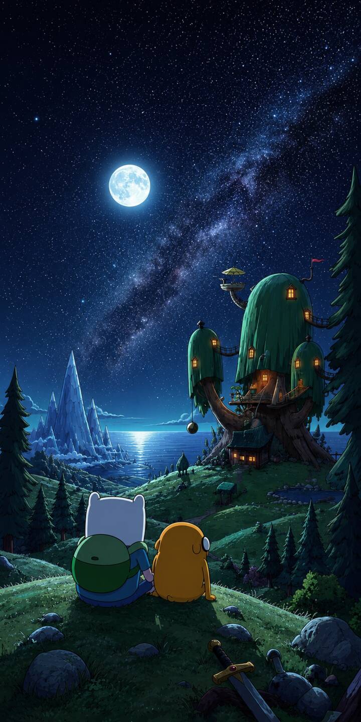 The luminous full moon and the brilliant Milky Way illuminate the serene night sky as Finn and Jake gaze out over the land of Ooo from their grassy perch in this stunning 4K wallpaper. This picturesque Adventure Time wallpaper, featuring their iconic treehouse under a canopy of stars, is an ideal background for your iPhone. | iphone adventure time wallpaper milky way starry night finn jake mobile peaceful 4k wallpaper hd wallpaper cartoon network The luminous full moon and the brilliant Milky Way illuminate the serene night sky as Finn and Jake gaze out over the land of Ooo from their grassy perch in this stunning 4K wallpaper. This picturesque Adventure Time wallpaper, featuring their iconic treehouse under a canopy of stars, is an ideal background for your iPhone.