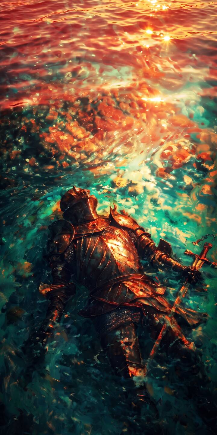 Vibrant orange and red light shimmers on the swirling water, where a fully armored knight lies holding a sword in this striking 4K wallpaper, making it a powerful and artistic mobile wallpaper for iPhone. | aesthetic sunset warrior water armor knight iphone fantasy wallpaper mobile 4k wallpaper hd wallpaper Vibrant orange and red light shimmers on the swirling water, where a fully armored knight lies holding a sword in this striking 4K wallpaper, making it a powerful and artistic mobile wallpaper for iPhone.