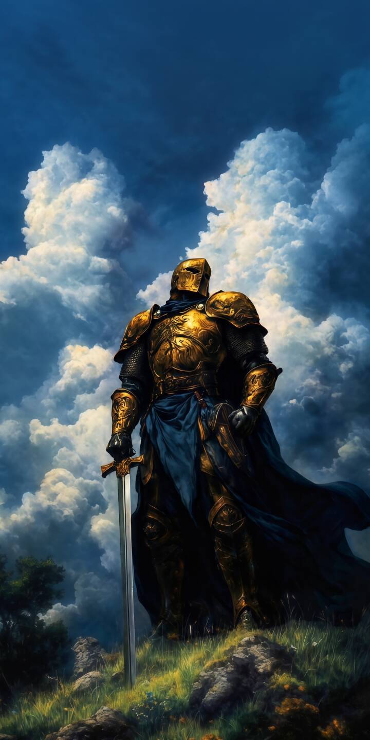 Golden armor gleams brightly as a valiant knight stands ready, sword grounded on a lush hill under a dramatic cloudy sky in this stunning 4K wallpaper. This epic fantasy wallpaper is perfect for any iPhone, bringing a sense of heroism to your device. | sword warrior knight iphone fantasy clouds wallpaper mobile 4k wallpaper hd wallpaper epic golden knight Golden armor gleams brightly as a valiant knight stands ready, sword grounded on a lush hill under a dramatic cloudy sky in this stunning 4K wallpaper. This epic fantasy wallpaper is perfect for any iPhone, bringing a sense of heroism to your device.
