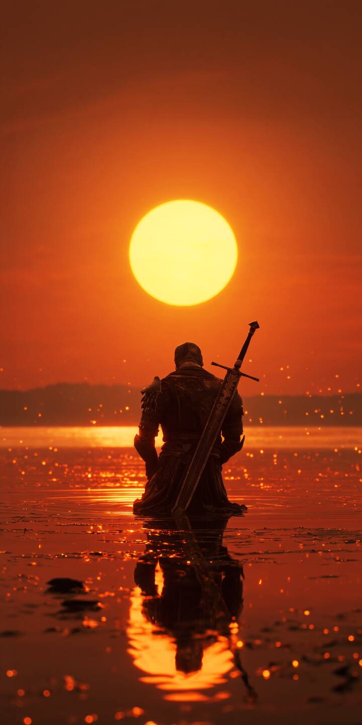 A majestic, fiery orange sunset paints the sky as a solitary armored knight kneels with a greatsword resting on his back, reflected perfectly in the shimmering water in this breathtaking 4K wallpaper. This epic scene is a must-have wallpaper for iPhone, capturing a moment of profound solitude and beauty. | sunset warrior orange reflection knight iphone fantasy wallpaper mobile 4k wallpaper hd wallpaper epic A majestic, fiery orange sunset paints the sky as a solitary armored knight kneels with a greatsword resting on his back, reflected perfectly in the shimmering water in this breathtaking 4K wallpaper. This epic scene is a must-have wallpaper for iPhone, capturing a moment of profound solitude and beauty.
