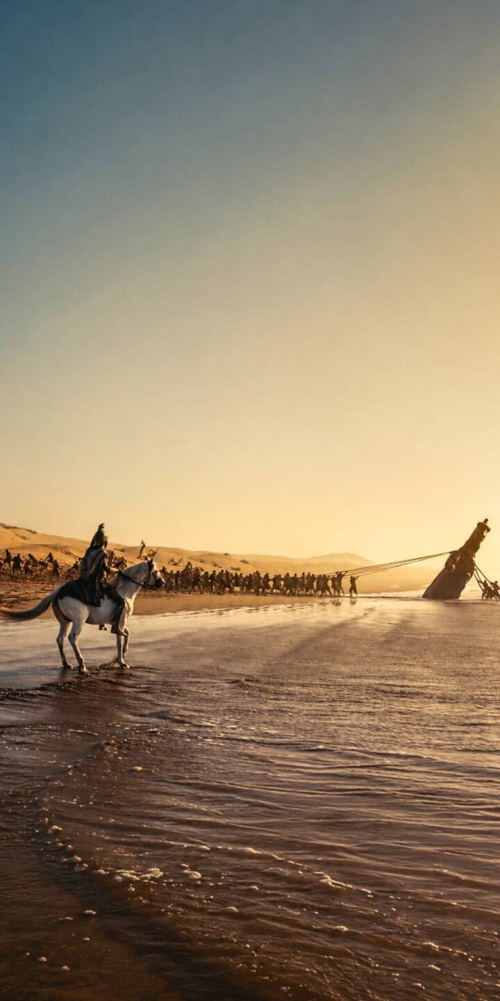 Bathed in the warm glow of the golden hour, a solitary rider on a white horse observes a bustling crowd on a sandy beach, engaged in pulling a massive, weathered structure from the water in this stunning 4K wallpaper. This epic scene of communal effort by the sea makes an inspiring iPhone wallpaper. | desert iphone wallpaper mobile golden hour 4k wallpaper hd wallpaper epic cinematic horse rider beach scene seashore Bathed in the warm glow of the golden hour, a solitary rider on a white horse observes a bustling crowd on a sandy beach, engaged in pulling a massive, weathered structure from the water in this stunning 4K wallpaper. This epic scene of communal effort by the sea makes an inspiring iPhone wallpaper.