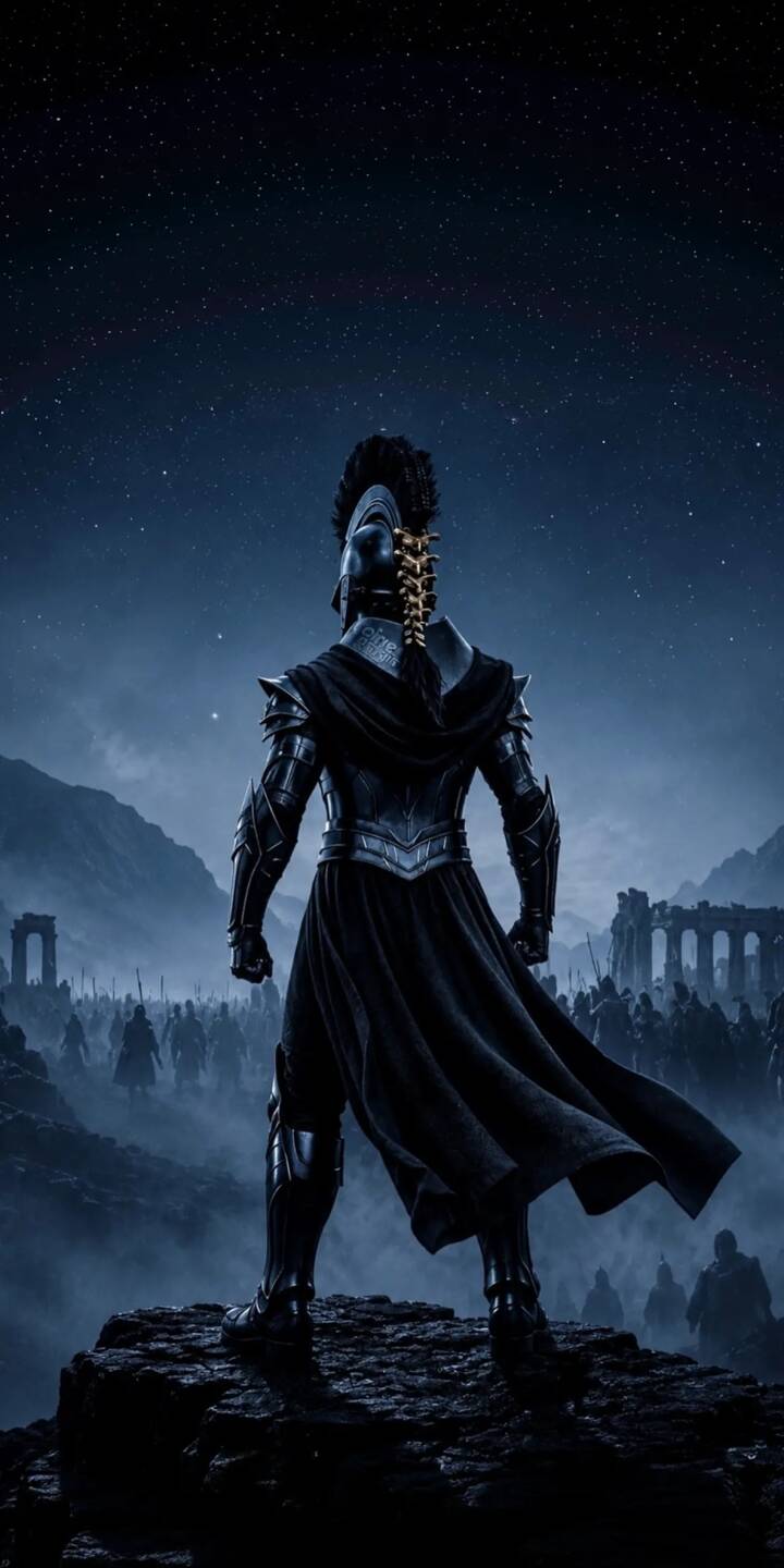 Under a breathtaking expanse of stars, a commanding warrior in dark, ornate armor stands heroically on a rock, overlooking a vast army in this stunning 4K wallpaper. This epic scene with ancient ruins and a flowing cape is a must-have wallpaper for iPhone. | warrior dark iphone fantasy wallpaper ancient starry night mobile 4k wallpaper hd wallpaper epic spartan Under a breathtaking expanse of stars, a commanding warrior in dark, ornate armor stands heroically on a rock, overlooking a vast army in this stunning 4K wallpaper. This epic scene with ancient ruins and a flowing cape is a must-have wallpaper for iPhone.
