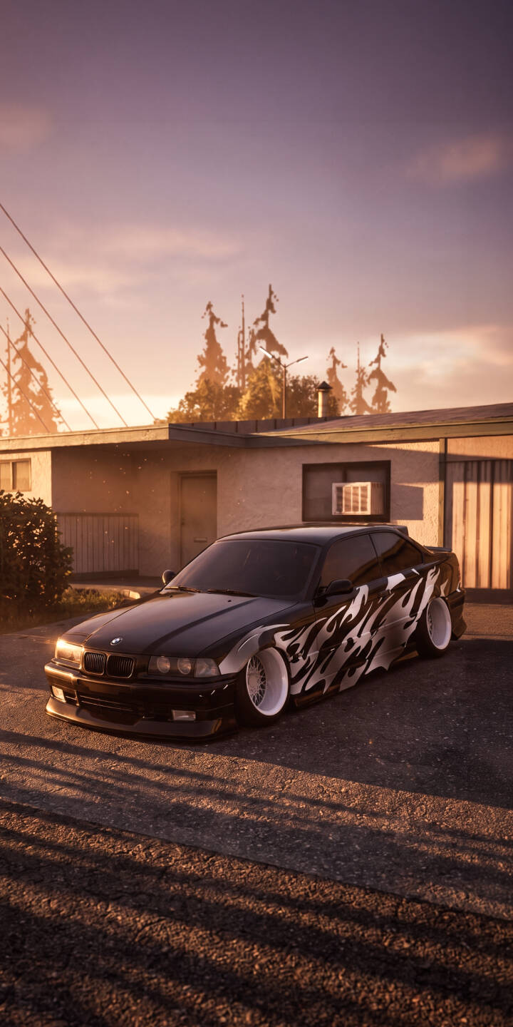 Golden hour sunlight casts long shadows around a custom black BMW E36, featuring striking silver graphics and white wheels, in this stunning 4K wallpaper - an ideal wallpaper for iPhone users who appreciate detailed car aesthetics. | aesthetic sunset iphone bmw wallpaper e36 mobile 4k wallpaper hd wallpaper automotive custom car stance car Golden hour sunlight casts long shadows around a custom black BMW E36, featuring striking silver graphics and white wheels, in this stunning 4K wallpaper - an ideal wallpaper for iPhone users who appreciate detailed car aesthetics.