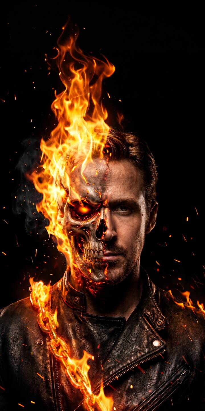 The striking transformation of Ghost Rider reveals a flaming skull on one side and a determined human face on the other, creating an intensely dynamic 4K wallpaper perfect for your iPhone. This fiery superhero wallpaper, complete with a blazing chain and leather jacket, is a must-have for fans. | dark superhero fire marvel iphone ryan gosling wallpaper mobile 4k wallpaper hd wallpaper flaming skull ghost rider johnny blaze The striking transformation of Ghost Rider reveals a flaming skull on one side and a determined human face on the other, creating an intensely dynamic 4K wallpaper perfect for your iPhone. This fiery superhero wallpaper, complete with a blazing chain and leather jacket, is a must-have for fans.