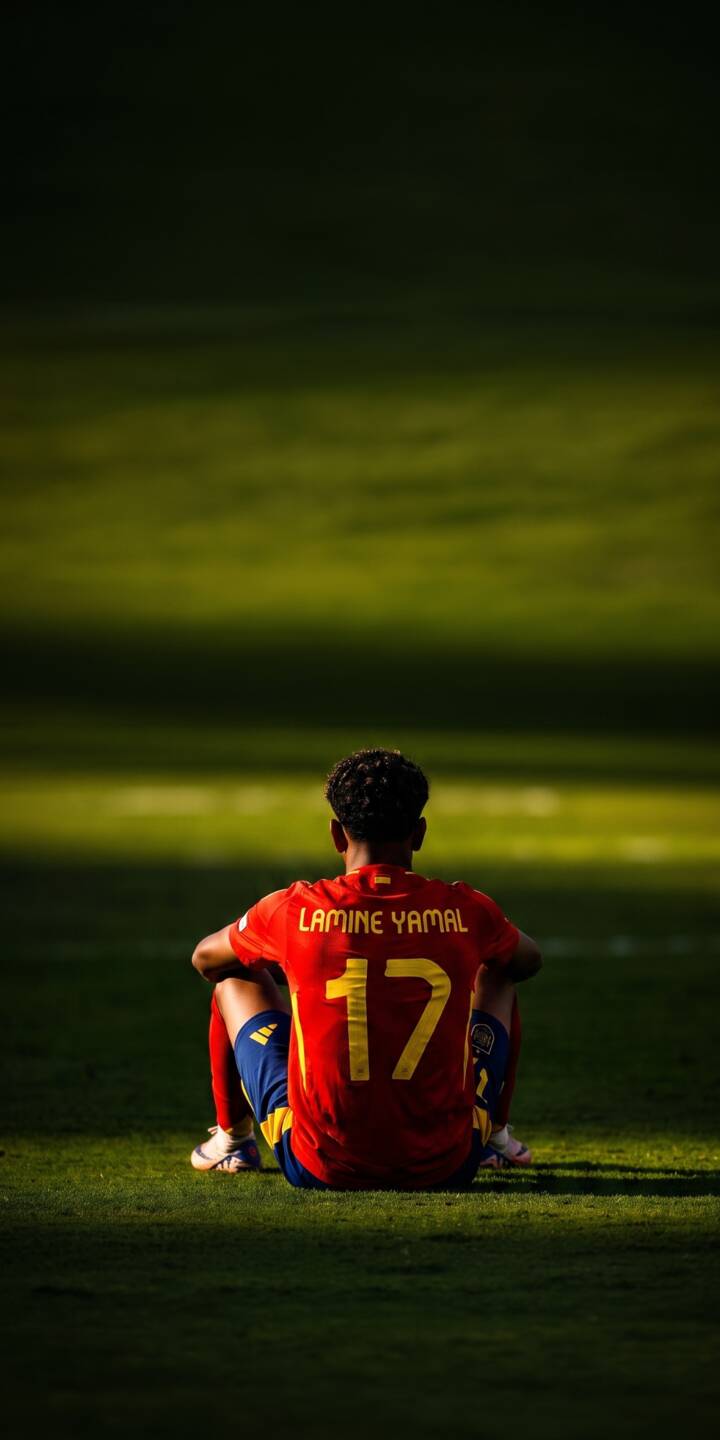 Lamine Yamal sits contemplatively on the vibrant green pitch, his Spain number 17 jersey a striking red against the soft light, captured in stunning 4K resolution. This inspiring moment makes a powerful wallpaper, ideal for any football fan's iPhone. | sports football athlete iphone soccer spain wallpaper lamine yamal mobile 4k wallpaper hd wallpaper red jersey Lamine Yamal sits contemplatively on the vibrant green pitch, his Spain number 17 jersey a striking red against the soft light, captured in stunning 4K resolution. This inspiring moment makes a powerful wallpaper, ideal for any football fan's iPhone.