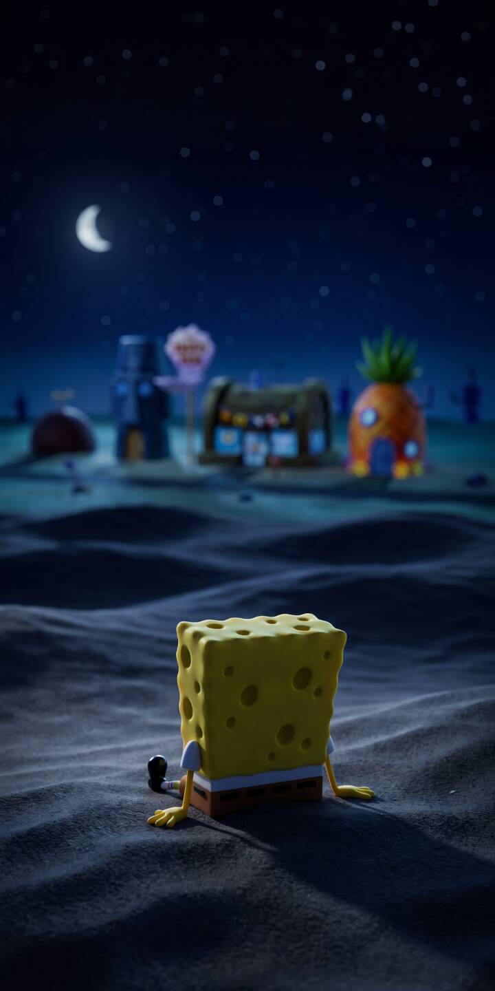 Spongebob Squarepants sits contemplatively on a textured sandy seabed, back to the viewer, under a crescent moon and a blanket of stars, making this an unexpectedly serene 4K wallpaper perfect for iPhone. The iconic pineapple house and Krusty Krab are faintly visible in the background, adding depth to this unique wallpaper. | aesthetic spongebob bikini bottom iphone wallpaper starry night mobile spongebob squarepants 4k wallpaper hd wallpaper melancholy Spongebob Squarepants sits contemplatively on a textured sandy seabed, back to the viewer, under a crescent moon and a blanket of stars, making this an unexpectedly serene 4K wallpaper perfect for iPhone. The iconic pineapple house and Krusty Krab are faintly visible in the background, adding depth to this unique wallpaper.