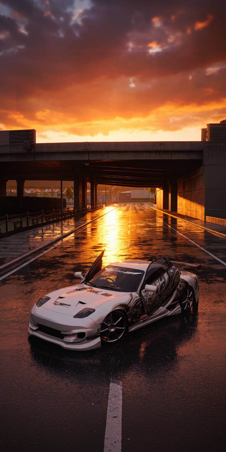A stunning orange and red sunset reflects brilliantly on the wet asphalt under an urban overpass, casting a glorious glow on a white, customized Mazda RX-7 with its doors ajar. This striking 4K wallpaper is perfect for any iPhone to showcase automotive passion. | aesthetic sunset sports car iphone wallpaper mobile mazda rx-7 4k wallpaper hd wallpaper tuned car wet road jdm A stunning orange and red sunset reflects brilliantly on the wet asphalt under an urban overpass, casting a glorious glow on a white, customized Mazda RX-7 with its doors ajar. This striking 4K wallpaper is perfect for any iPhone to showcase automotive passion.