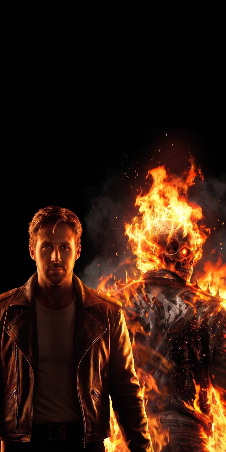 Ryan Gosling's intense gaze in a leather jacket dominates this striking 4K wallpaper, with the flaming skull of Ghost Rider engulfed in vivid fire behind him – an epic wallpaper for iPhone users. | dark superhero fire marvel iphone ryan gosling wallpaper mobile 4k wallpaper hd wallpaper flaming skull ghost rider Ryan Gosling's intense gaze in a leather jacket dominates this striking 4K wallpaper, with the flaming skull of Ghost Rider engulfed in vivid fire behind him – an epic wallpaper for iPhone users.