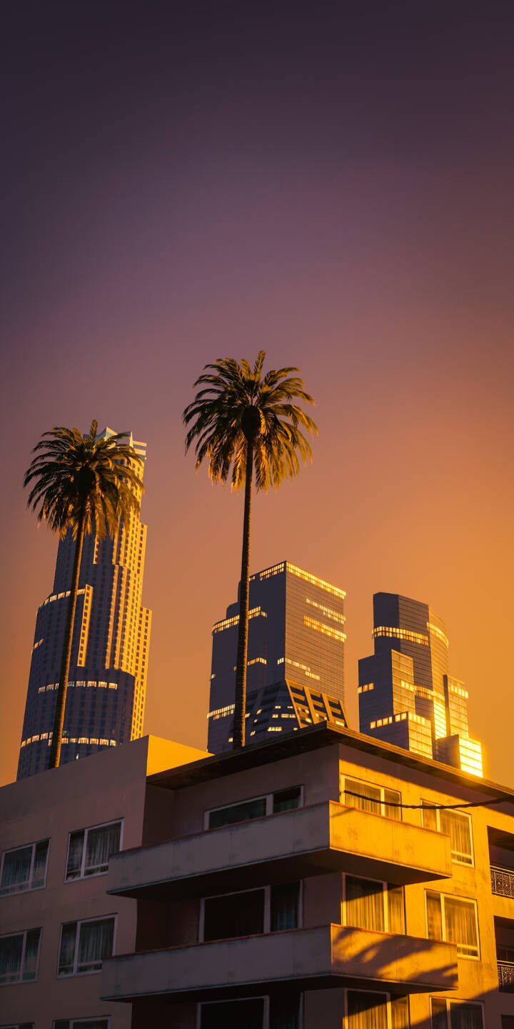 Golden hour radiance bathes tall palm trees and sleek skyscrapers, creating a vibrant urban vista in this stunning 4K wallpaper; it's the perfect cityscape wallpaper for your iPhone, highlighting the beautiful orange and purple sky. | aesthetic sunset urban iphone wallpaper mobile golden hour palm trees 4k wallpaper hd wallpaper cityscape skyscrapers Golden hour radiance bathes tall palm trees and sleek skyscrapers, creating a vibrant urban vista in this stunning 4K wallpaper; it's the perfect cityscape wallpaper for your iPhone, highlighting the beautiful orange and purple sky.