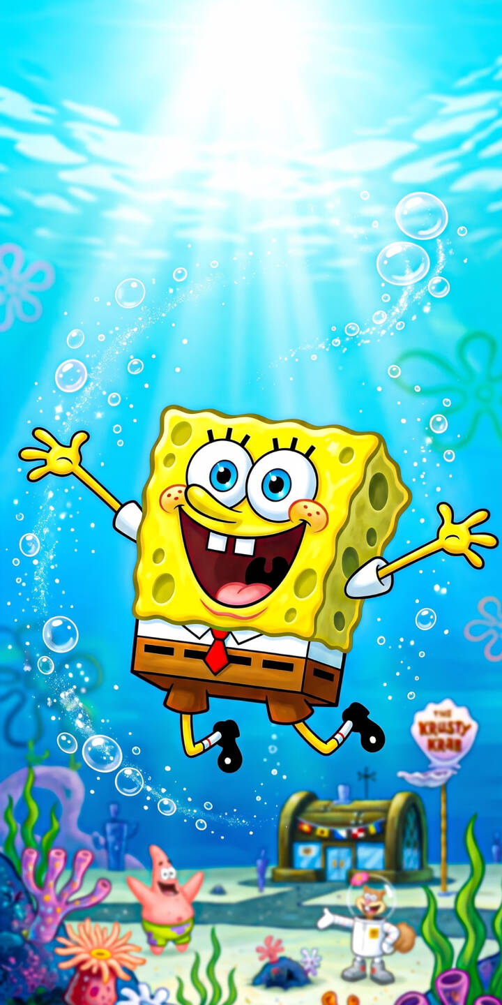 Bright sunbeams pierce the crystal blue water, illuminating a jubilant Spongebob Squarepants with arms wide open in this delightful 4K wallpaper. This vibrant animated wallpaper, featuring a smiling Spongebob surrounded by bubbles and coral, is a perfect find for your iPhone. | cartoon funny spongebob underwater bikini bottom iphone wallpaper vibrant mobile spongebob squarepants 4k wallpaper hd wallpaper Bright sunbeams pierce the crystal blue water, illuminating a jubilant Spongebob Squarepants with arms wide open in this delightful 4K wallpaper. This vibrant animated wallpaper, featuring a smiling Spongebob surrounded by bubbles and coral, is a perfect find for your iPhone.