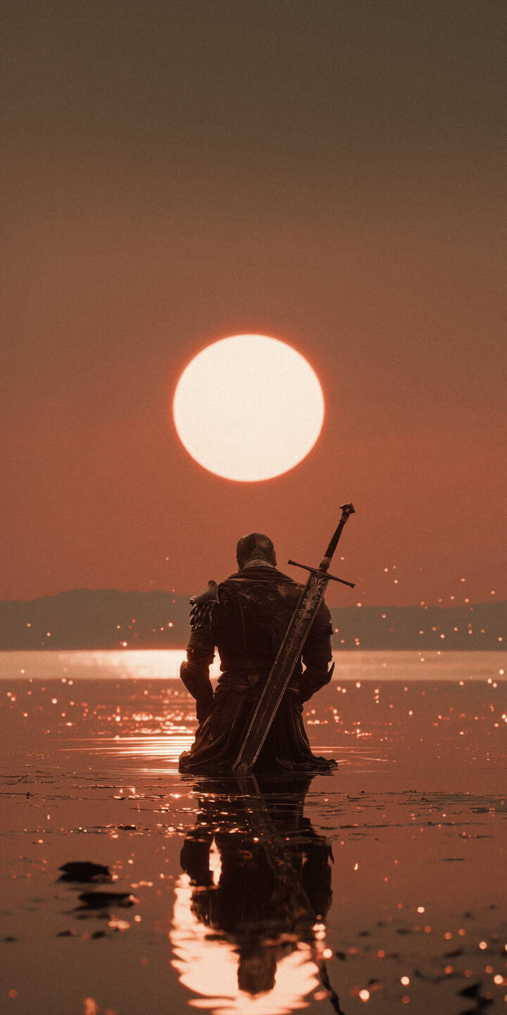 A lone warrior kneels in contemplation before a colossal, glowing orange sun setting over shimmering water, his greatsword reflecting the epic scene in this stunning 4K wallpaper - an essential aesthetic wallpaper for iPhone. | sunset warrior knight iphone fantasy wallpaper mobile 4k wallpaper hd wallpaper epic solitary greatsword A lone warrior kneels in contemplation before a colossal, glowing orange sun setting over shimmering water, his greatsword reflecting the epic scene in this stunning 4K wallpaper - an essential aesthetic wallpaper for iPhone.