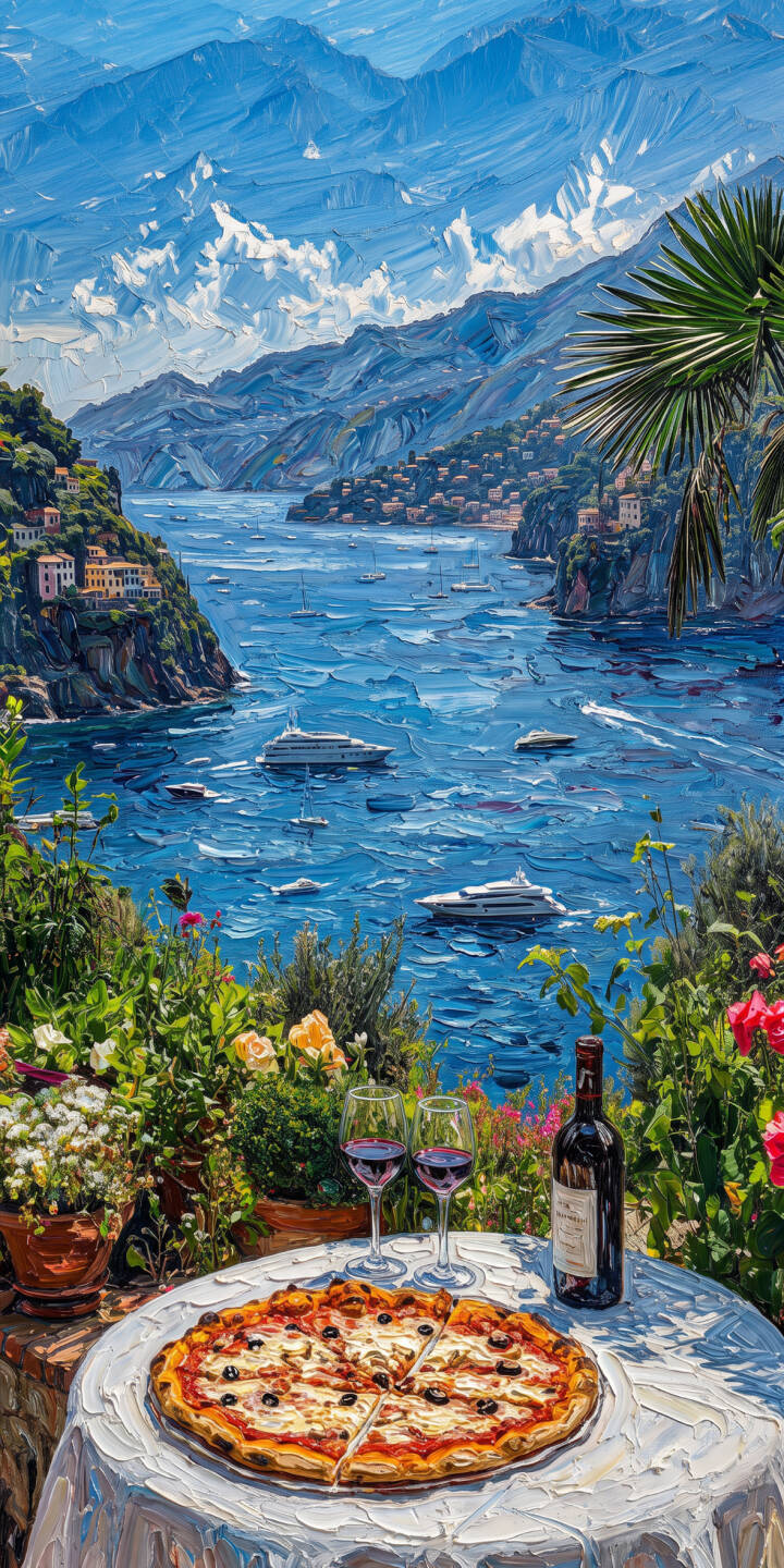 Thick impasto brushstrokes bring this vibrant Italian coastal scene to life, featuring a table laden with pizza and red wine overlooking a deep blue bay filled with yachts – a magnificent 4K wallpaper perfect for your iPhone. This painterly wallpaper captures the serene beauty of the Riviera, complete with sun-kissed villas and distant mountains. | scenery travel iphone wallpaper pizza mobile italy 4k wallpaper hd wallpaper impressionism mediterranean italian coast Thick impasto brushstrokes bring this vibrant Italian coastal scene to life, featuring a table laden with pizza and red wine overlooking a deep blue bay filled with yachts – a magnificent 4K wallpaper perfect for your iPhone. This painterly wallpaper captures the serene beauty of the Riviera, complete with sun-kissed villas and distant mountains.
