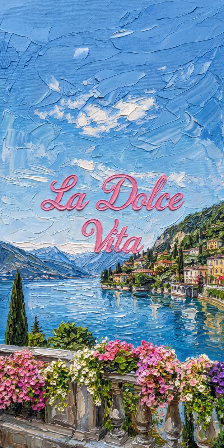 Textured brushstrokes bring the picturesque Italian lakeside village to life, with a balcony overflowing with vibrant pink, white, and purple flowers complementing the cheerful 'La Dolce Vita' script in this exquisite 4K wallpaper for iPhone. This stunning painting-style wallpaper beautifully captures the essence of a serene European vista. | aesthetic painting iphone wallpaper mobile floral 4k wallpaper hd wallpaper textured art lake como italian landscape la dolce vita Textured brushstrokes bring the picturesque Italian lakeside village to life, with a balcony overflowing with vibrant pink, white, and purple flowers complementing the cheerful 'La Dolce Vita' script in this exquisite 4K wallpaper for iPhone. This stunning painting-style wallpaper beautifully captures the essence of a serene European vista.