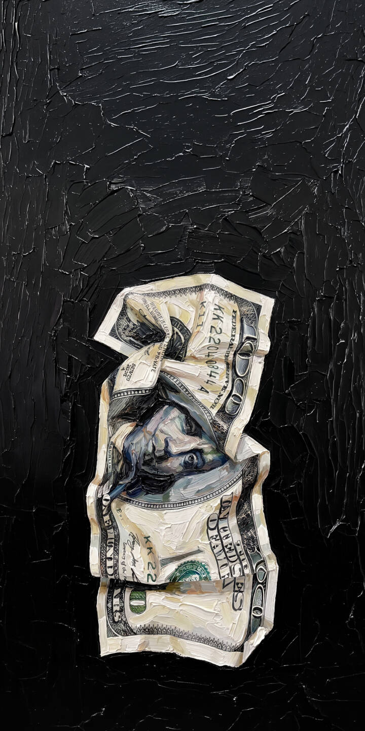 Striking impasto textures bring a crumpled hundred-dollar bill, prominently featuring Benjamin Franklin, to life against a rich black backdrop. This vibrant 4K wallpaper makes a truly unique art wallpaper for iPhone. | art dollar money iphone franklin wallpaper mobile 4k wallpaper hd wallpaper dark aesthetic textured Striking impasto textures bring a crumpled hundred-dollar bill, prominently featuring Benjamin Franklin, to life against a rich black backdrop. This vibrant 4K wallpaper makes a truly unique art wallpaper for iPhone.