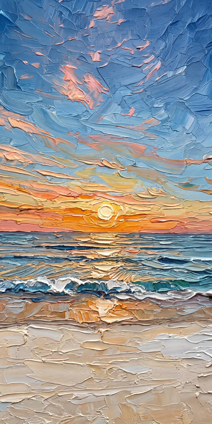 Striking impasto textures bring this vibrant 4K sunset beach wallpaper to life, featuring dramatic waves crashing on the shore with the golden sun reflecting on the ocean, perfect as a stunning wallpaper for iPhone. This artwork provides a vivid and painterly view of nature's beauty. | art sunset beach iphone ocean wallpaper vibrant mobile 4k wallpaper hd wallpaper textured impasto Striking impasto textures bring this vibrant 4K sunset beach wallpaper to life, featuring dramatic waves crashing on the shore with the golden sun reflecting on the ocean, perfect as a stunning wallpaper for iPhone. This artwork provides a vivid and painterly view of nature's beauty.