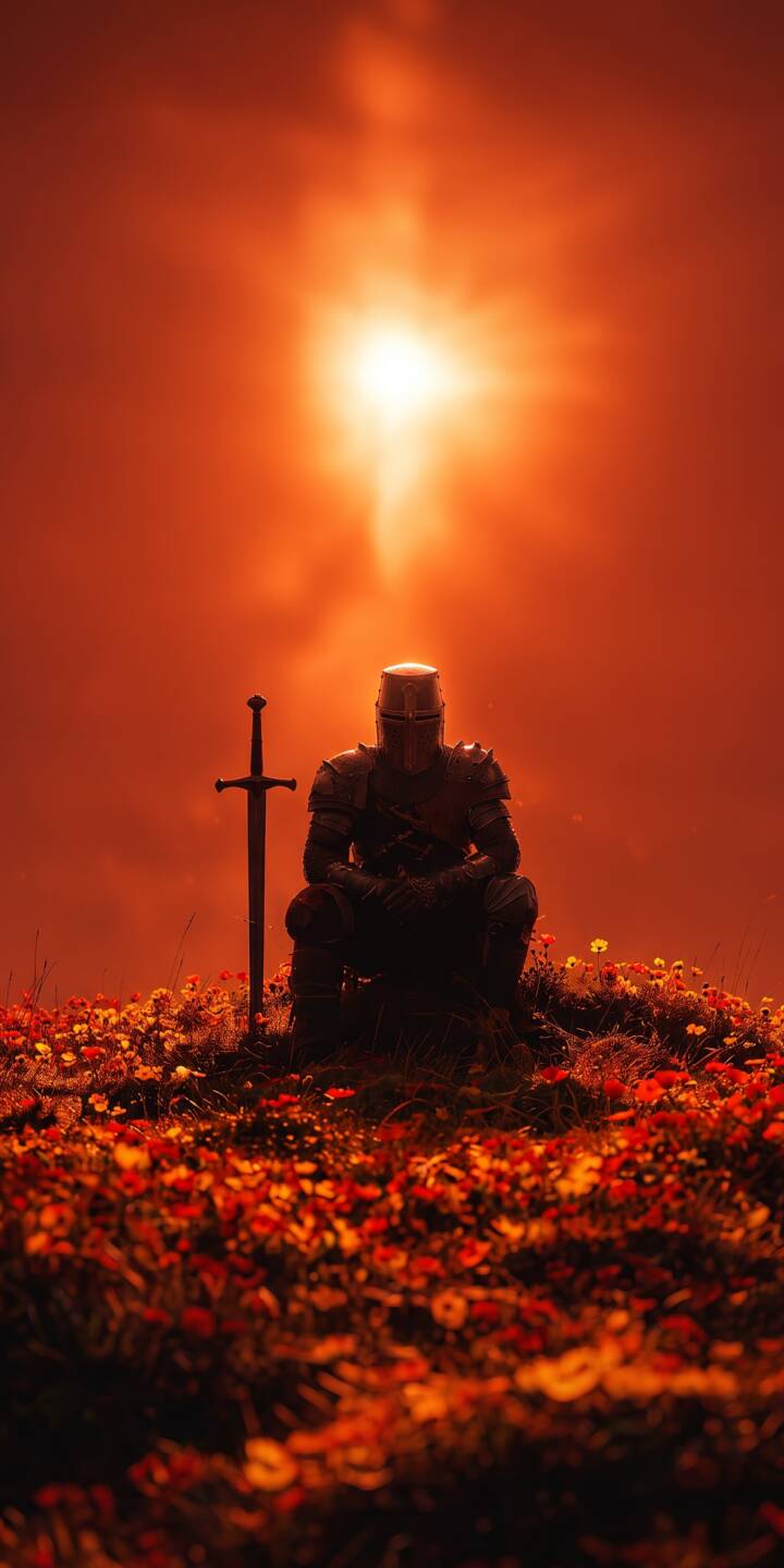 Bathed in a fiery orange glow, a solitary armored knight rests amidst a vibrant field of red and orange wildflowers, his massive sword standing sentinel. This breathtaking 4K wallpaper is a perfect fit for iPhone, delivering an epic fantasy atmosphere to your screen. | flowers sword knight medieval iphone fantasy wallpaper mobile 4k wallpaper hd wallpaper red aesthetic epic Bathed in a fiery orange glow, a solitary armored knight rests amidst a vibrant field of red and orange wildflowers, his massive sword standing sentinel. This breathtaking 4K wallpaper is a perfect fit for iPhone, delivering an epic fantasy atmosphere to your screen.