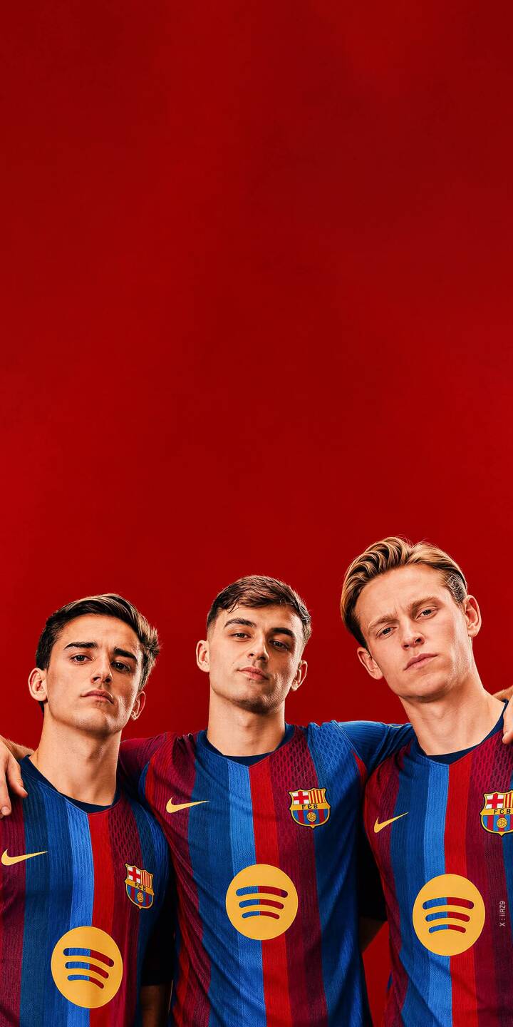 The vibrant red background highlights the three FC Barcelona stars, Gavi, Pedri, and Frenkie de Jong, posing proudly in their iconic kits in this captivating 4K wallpaper, a perfect choice for your iPhone mobile wallpaper. | sports football iphone barcelona wallpaper pedri mobile 4k wallpaper hd wallpaper red background gavi frenkie de jong The vibrant red background highlights the three FC Barcelona stars, Gavi, Pedri, and Frenkie de Jong, posing proudly in their iconic kits in this captivating 4K wallpaper, a perfect choice for your iPhone mobile wallpaper.