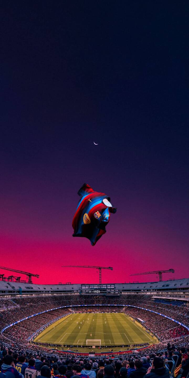 A giant FC Barcelona jersey floats majestically against a stunning gradient sky, transitioning from vivid pinks to deep purples, over a packed Camp Nou stadium in this incredible 4K wallpaper - a must-have wallpaper for iPhone fans of night football. | football stadium night sky iphone barcelona wallpaper vibrant fc barcelona mobile 4k wallpaper hd wallpaper camp nou A giant FC Barcelona jersey floats majestically against a stunning gradient sky, transitioning from vivid pinks to deep purples, over a packed Camp Nou stadium in this incredible 4K wallpaper - a must-have wallpaper for iPhone fans of night football.