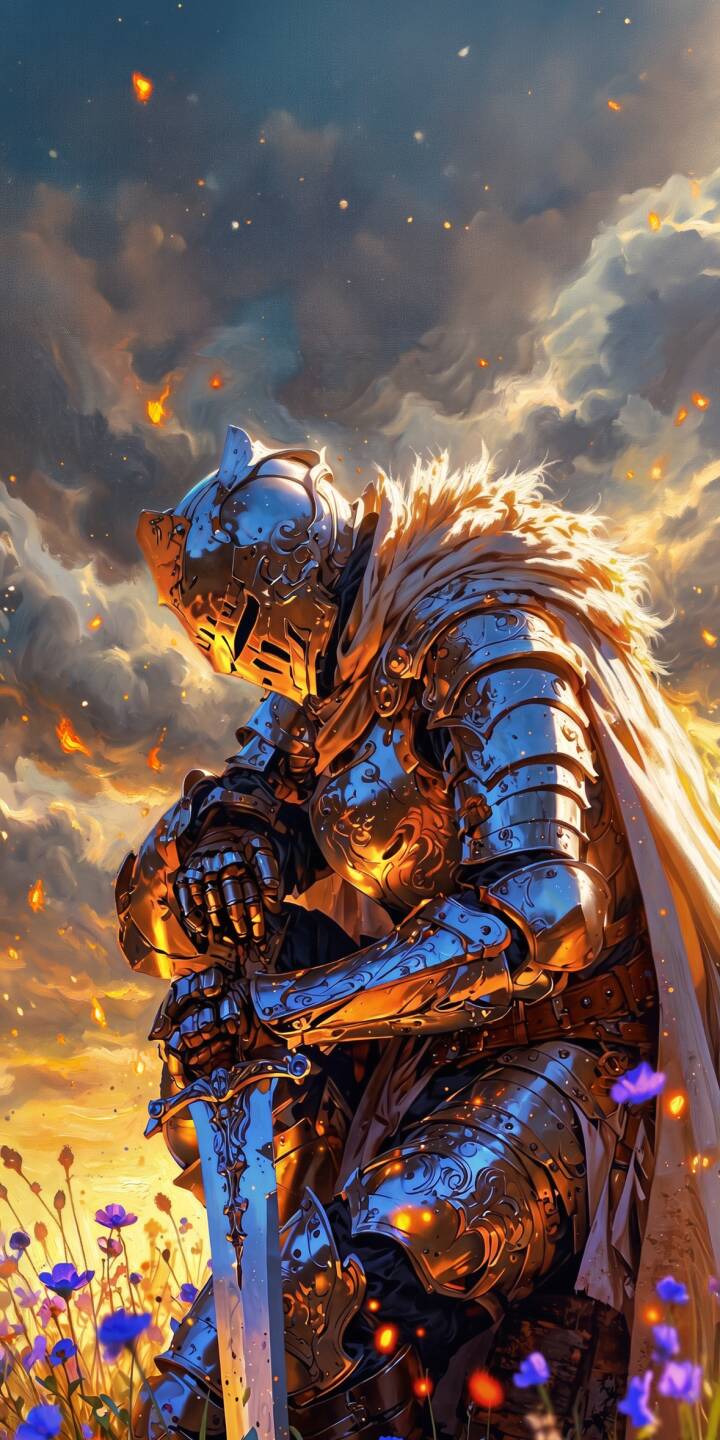 Golden, intricately engraved armor gleams brightly as a majestic knight kneels with a sword against a dramatic, glowing sky adorned with embers and purple flowers in this epic 4K wallpaper. This stunning artwork is an essential fantasy wallpaper for iPhone users. | sword armor knight iphone fantasy wallpaper mobile digital art 4k wallpaper hd wallpaper epic gold armor Golden, intricately engraved armor gleams brightly as a majestic knight kneels with a sword against a dramatic, glowing sky adorned with embers and purple flowers in this epic 4K wallpaper. This stunning artwork is an essential fantasy wallpaper for iPhone users.