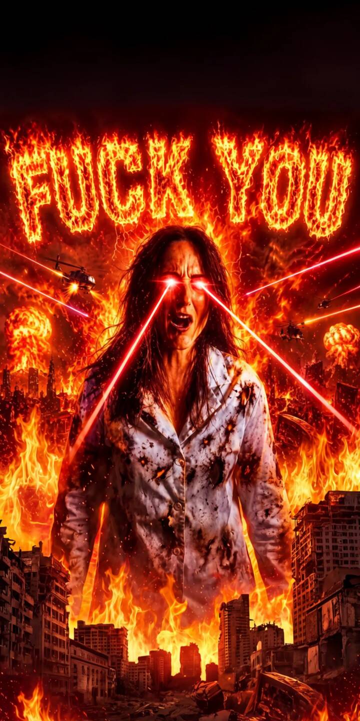 Glowing red laser beams erupt from Evelyn Wang's furious eyes as she unleashes chaos amidst a burning, apocalyptic city in this striking 4K wallpaper for iPhone. The fiery "FUCK YOU" text above her amplifies the defiant rage of this intense mobile wallpaper. | fire iphone wallpaper mobile 4k wallpaper hd wallpaper apocalyptic laser eyes backrooms fury mary kline Glowing red laser beams erupt from Evelyn Wang's furious eyes as she unleashes chaos amidst a burning, apocalyptic city in this striking 4K wallpaper for iPhone. The fiery "FUCK YOU" text above her amplifies the defiant rage of this intense mobile wallpaper.