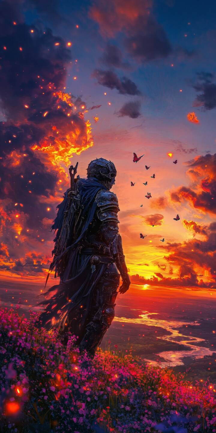 Dramatic fiery clouds engulf the horizon as a lone armored warrior surveys the breathtaking landscape in this stunning 4K wallpaper for iPhone. The vibrant purple flowers in the foreground, dotted with glowing particles, add depth to this epic fantasy scene, making it a truly immersive wallpaper. | landscape sunset warrior knight iphone fantasy wallpaper mobile 4k wallpaper hd wallpaper epic dark fantasy Dramatic fiery clouds engulf the horizon as a lone armored warrior surveys the breathtaking landscape in this stunning 4K wallpaper for iPhone. The vibrant purple flowers in the foreground, dotted with glowing particles, add depth to this epic fantasy scene, making it a truly immersive wallpaper.
