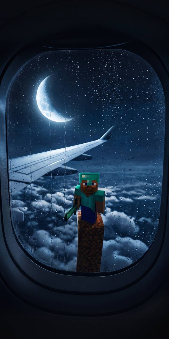 A serene crescent moon casts a glow on the rain-streaked airplane window, revealing Minecraft Steve on a dirt column high above the clouds in this epic 4K wallpaper for iPhone. This unique wallpaper perfectly captures an adventurous night flight. | moon night sky minecraft iphone clouds airplane wallpaper steve mobile 4k wallpaper hd wallpaper minecraft steve A serene crescent moon casts a glow on the rain-streaked airplane window, revealing Minecraft Steve on a dirt column high above the clouds in this epic 4K wallpaper for iPhone. This unique wallpaper perfectly captures an adventurous night flight.
