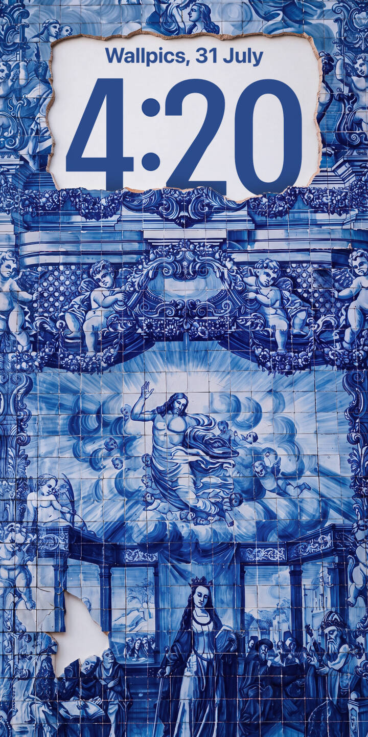 Intricate blue and white Azulejo tiles present a majestic Ascension of Christ surrounded by cherubs, alongside a serene queen, making for a timeless 4K religious art wallpaper for iPhone. This historically rich wallpaper captures the detailed craftsmanship and serene beauty of traditional Portuguese ceramics. | iphone wallpaper mobile 4k wallpaper hd wallpaper vintage aesthetic blue and white christ historical religious art azulejo portuguese tiles Intricate blue and white Azulejo tiles present a majestic Ascension of Christ surrounded by cherubs, alongside a serene queen, making for a timeless 4K religious art wallpaper for iPhone. This historically rich wallpaper captures the detailed craftsmanship and serene beauty of traditional Portuguese ceramics.