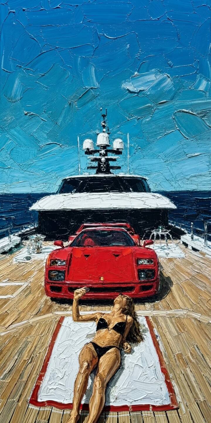 The vibrant red Ferrari F40 gleams atop the luxurious wooden deck of a grand yacht, presented in a stunning impasto painting style, perfect as a 4K wallpaper for iPhone. A woman in a black bikini sunbathes beside the iconic car, completing this opulent scene that makes for an incredible mobile wallpaper. | yacht iphone ferrari f40 luxury ocean supercar wallpaper mobile 4k wallpaper hd wallpaper impasto art The vibrant red Ferrari F40 gleams atop the luxurious wooden deck of a grand yacht, presented in a stunning impasto painting style, perfect as a 4K wallpaper for iPhone. A woman in a black bikini sunbathes beside the iconic car, completing this opulent scene that makes for an incredible mobile wallpaper.