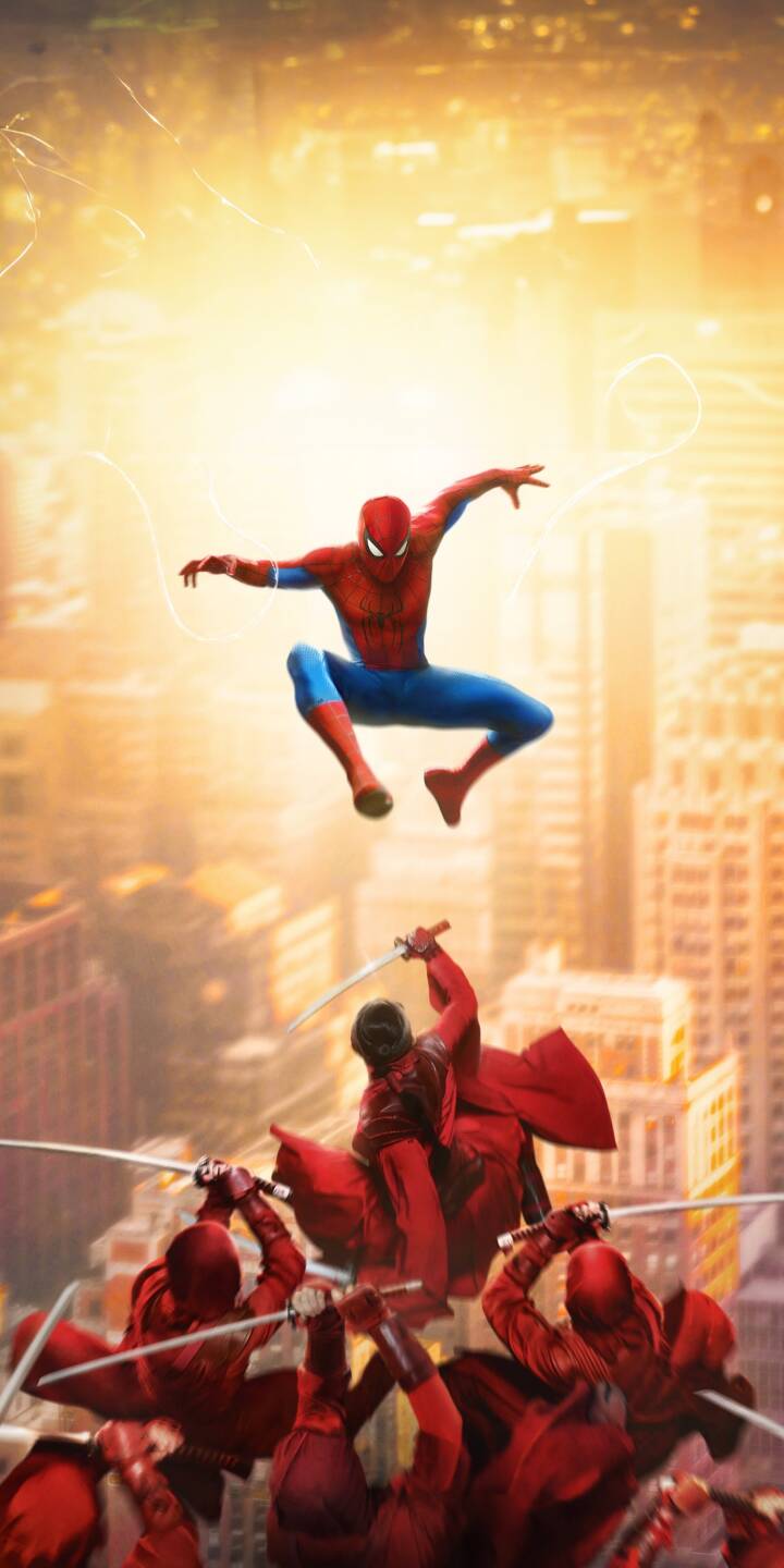 Golden sunlight bathes Spiderman as he dramatically leaps above a rooftop battle against a group of sword-wielding red figures in this stunning 4K wallpaper. This dynamic Spiderman wallpaper is a perfect fit for any iPhone screen, showcasing his iconic suit and incredible agility. | superhero marvel spiderman iphone wallpaper action peter parker mobile 4k wallpaper hd wallpaper cityscape brand new day Golden sunlight bathes Spiderman as he dramatically leaps above a rooftop battle against a group of sword-wielding red figures in this stunning 4K wallpaper. This dynamic Spiderman wallpaper is a perfect fit for any iPhone screen, showcasing his iconic suit and incredible agility.