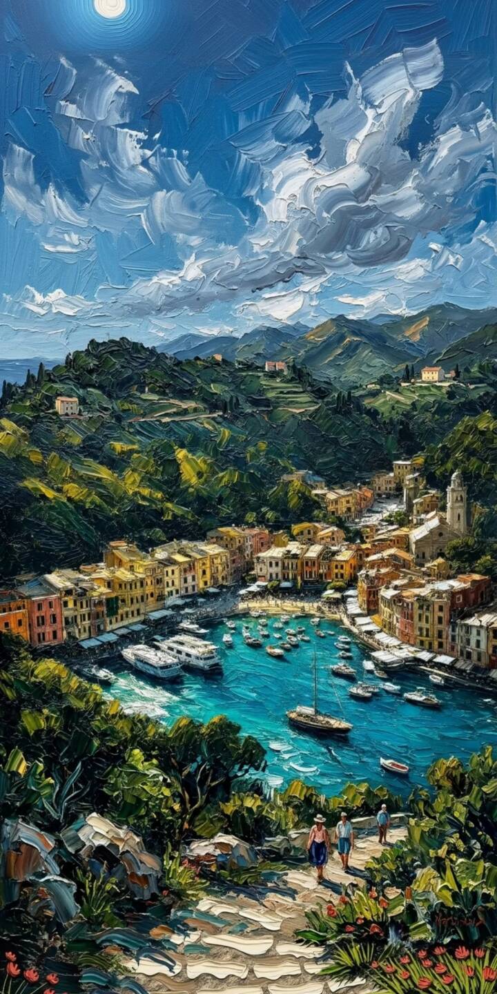 Thick, vibrant impasto brushstrokes bring this stunning Portofino-like harbor scene to life, with colorful hillside buildings lining a turquoise bay under a moonlit sky; a perfect 4K wallpaper for iPhone, enhancing any screen with this painterly wallpaper. | landscape moon painting iphone wallpaper vibrant mobile 4k wallpaper hd wallpaper impasto coastal village portofino Thick, vibrant impasto brushstrokes bring this stunning Portofino-like harbor scene to life, with colorful hillside buildings lining a turquoise bay under a moonlit sky; a perfect 4K wallpaper for iPhone, enhancing any screen with this painterly wallpaper.