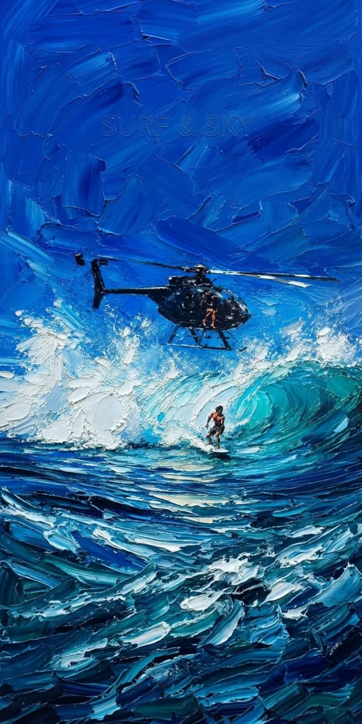Deep blue impasto textures dramatically capture a lone surfer riding a powerful white-crested wave as a dark helicopter hovers above. This vibrant 4K wallpaper offers an exhilarating moment, making it a perfect unique wallpaper for iPhone. | blue surfer iphone ocean waves wallpaper surfing mobile helicopter 4k wallpaper hd wallpaper impasto Deep blue impasto textures dramatically capture a lone surfer riding a powerful white-crested wave as a dark helicopter hovers above. This vibrant 4K wallpaper offers an exhilarating moment, making it a perfect unique wallpaper for iPhone.