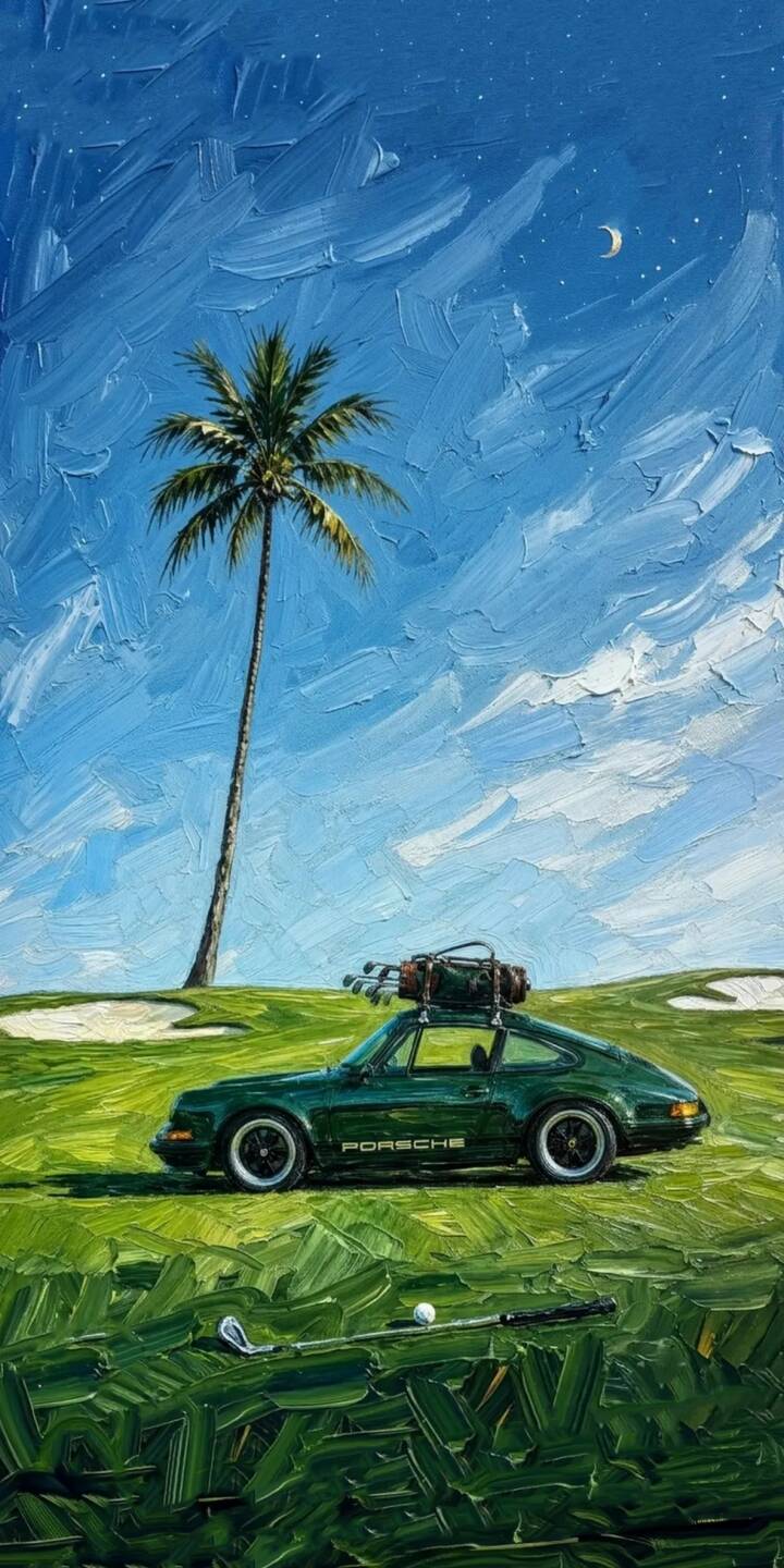 Vibrant impasto brushstrokes create a luxurious scene with a classic green Porsche 911 carrying golf clubs on its roof, parked on a lush golf course under a lone palm tree in this stunning 4K wallpaper. This exquisite artwork makes for a perfect, unique wallpaper for iPhone users who appreciate sports cars and golf. | painting iphone golf porsche wallpaper tropical mobile porsche 911 4k wallpaper hd wallpaper classic car impasto Vibrant impasto brushstrokes create a luxurious scene with a classic green Porsche 911 carrying golf clubs on its roof, parked on a lush golf course under a lone palm tree in this stunning 4K wallpaper. This exquisite artwork makes for a perfect, unique wallpaper for iPhone users who appreciate sports cars and golf.