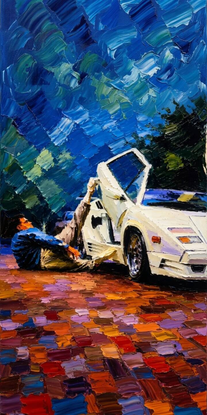 Deep blue and rich orange impasto textures define the dramatic scene of a man collapsed next to a pristine white Lamborghini Countach, its iconic scissor door open wide. This artistic 4K wallpaper makes a compelling choice for your iPhone, offering a unique painterly luxury car wallpaper for your device. | aesthetic iphone supercar wallpaper oil painting mobile lamborghini countach luxury car 4k wallpaper hd wallpaper lambo impasto Deep blue and rich orange impasto textures define the dramatic scene of a man collapsed next to a pristine white Lamborghini Countach, its iconic scissor door open wide. This artistic 4K wallpaper makes a compelling choice for your iPhone, offering a unique painterly luxury car wallpaper for your device.