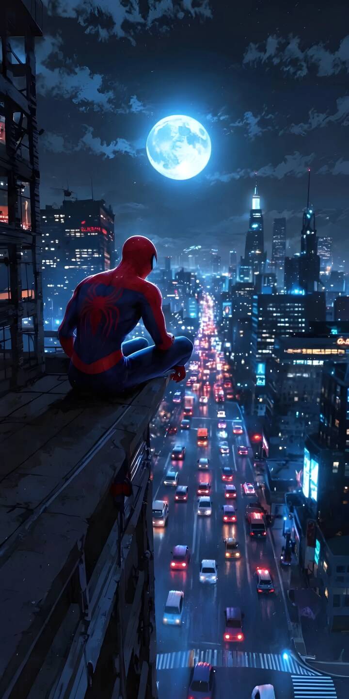 A brilliant full moon casts an ethereal blue glow over Spider-Man as he perches thoughtfully on a towering skyscraper, observing the mesmerizing 4K cityscape and vibrant car lights below - an essential wallpaper for iPhone users who love iconic heroes. | moonlight superhero marvel spiderman iphone wallpaper mobile 4k wallpaper hd wallpaper spider-man cityscape night city A brilliant full moon casts an ethereal blue glow over Spider-Man as he perches thoughtfully on a towering skyscraper, observing the mesmerizing 4K cityscape and vibrant car lights below - an essential wallpaper for iPhone users who love iconic heroes.