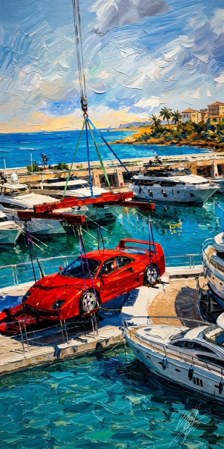The vibrant, thick impasto strokes beautifully capture a classic red Ferrari F40 being delicately lifted by a crane over a bustling luxury marina, making this stunning 4K wallpaper an exceptional choice for your iPhone. This unique oil painting wallpaper brings a dynamic scene of opulence to your screen. | iphone ferrari f40 luxury supercar wallpaper oil painting mobile 4k wallpaper hd wallpaper marina impasto art The vibrant, thick impasto strokes beautifully capture a classic red Ferrari F40 being delicately lifted by a crane over a bustling luxury marina, making this stunning 4K wallpaper an exceptional choice for your iPhone. This unique oil painting wallpaper brings a dynamic scene of opulence to your screen.