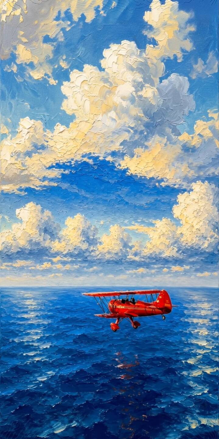 Vibrant impasto brushstrokes create a stunning textured sky and deep blue ocean, through which a brilliant red biplane majestically flies in this breathtaking 4K wallpaper. This dynamic painted artwork is an ideal wallpaper for iPhone users seeking an adventurous and artistic look. | painting iphone ocean clouds wallpaper mobile 4k wallpaper hd wallpaper adventure impasto biplane red plane Vibrant impasto brushstrokes create a stunning textured sky and deep blue ocean, through which a brilliant red biplane majestically flies in this breathtaking 4K wallpaper. This dynamic painted artwork is an ideal wallpaper for iPhone users seeking an adventurous and artistic look.