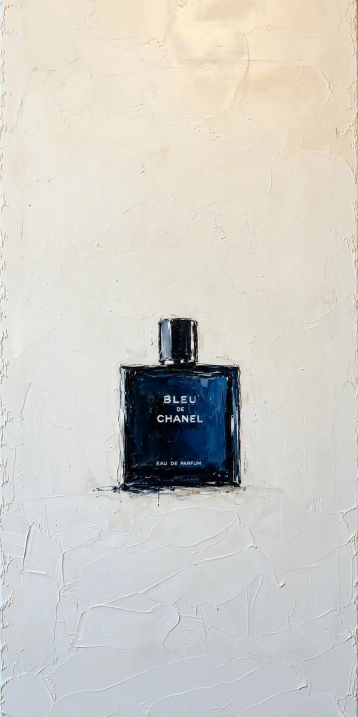 An elegant painting of the iconic dark blue Bleu de Chanel perfume bottle rests against a richly textured white background in this stunning 4K wallpaper, making it a sophisticated wallpaper for your iPhone. | iphone luxury minimalist wallpaper mobile 4k wallpaper hd wallpaper textured chanel fragrance perfume bleu de chanel An elegant painting of the iconic dark blue Bleu de Chanel perfume bottle rests against a richly textured white background in this stunning 4K wallpaper, making it a sophisticated wallpaper for your iPhone.