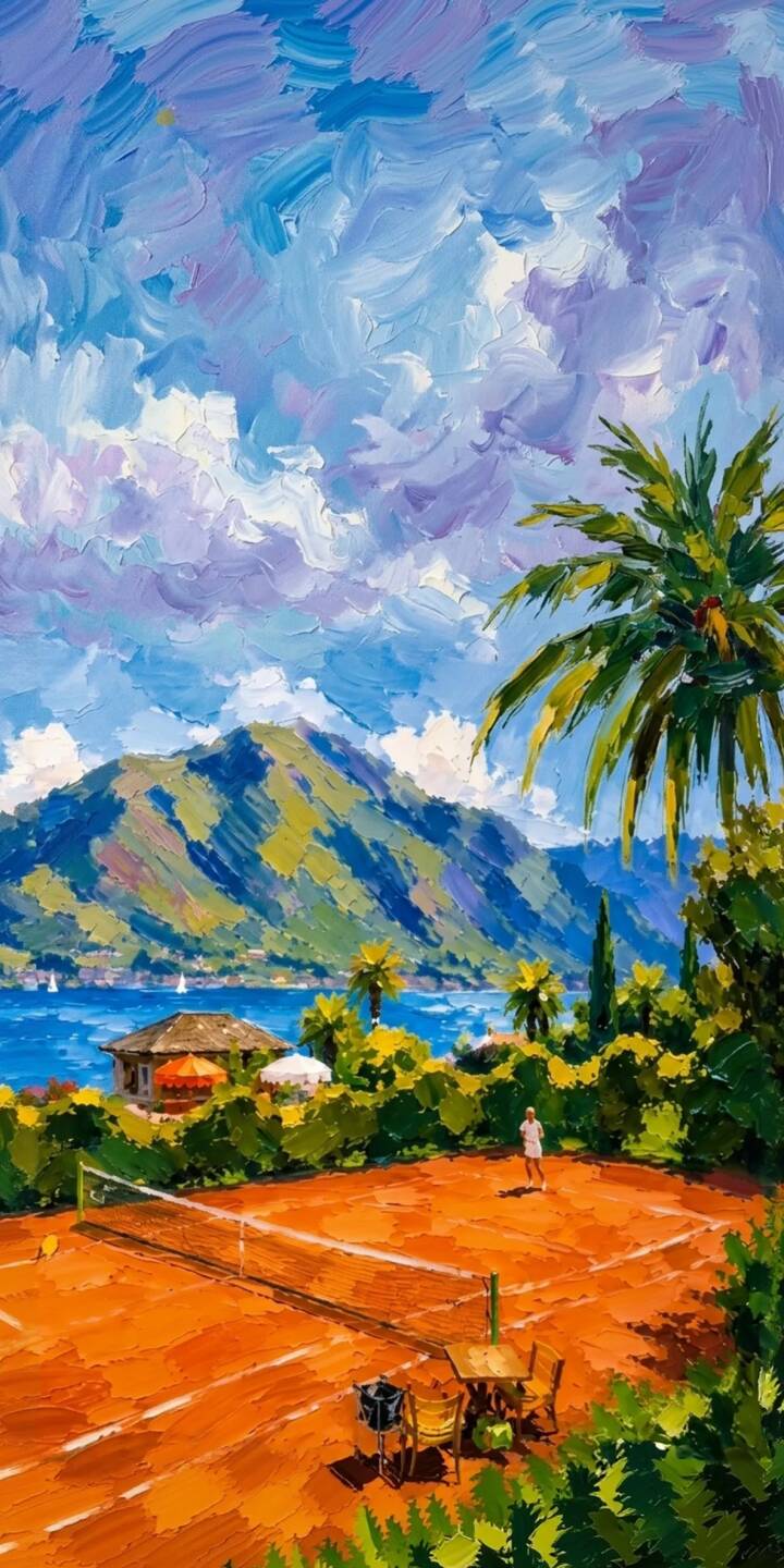 Thick, energetic brushstrokes define the vibrant orange clay tennis court, set against the deep blue sea and lush green mountains in this artistic 4K wallpaper. This stunning painted coastal scene makes an exquisite wallpaper for iPhone, perfect for art and sports enthusiasts. | tennis summer iphone wallpaper vibrant mobile 4k wallpaper hd wallpaper coastal landscape painting tennis court impressionist art Thick, energetic brushstrokes define the vibrant orange clay tennis court, set against the deep blue sea and lush green mountains in this artistic 4K wallpaper. This stunning painted coastal scene makes an exquisite wallpaper for iPhone, perfect for art and sports enthusiasts.