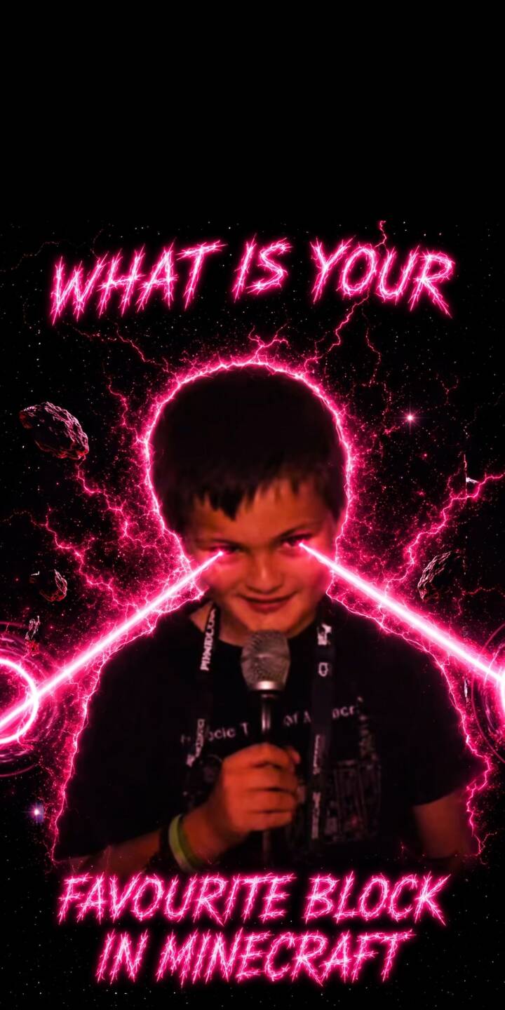Glowing pink laser beams shoot from a young boy's eyes as he holds a microphone, asking about your favorite Minecraft block, set against a dark, neon-lit space background with pink lightning in this stunning 4K wallpaper. This iconic internet meme makes a vibrant wallpaper for iPhone users. | meme neon minecraft iphone gaming wallpaper mobile 4k wallpaper hd wallpaper laser eyes pink glow minecraft meme Glowing pink laser beams shoot from a young boy's eyes as he holds a microphone, asking about your favorite Minecraft block, set against a dark, neon-lit space background with pink lightning in this stunning 4K wallpaper. This iconic internet meme makes a vibrant wallpaper for iPhone users.