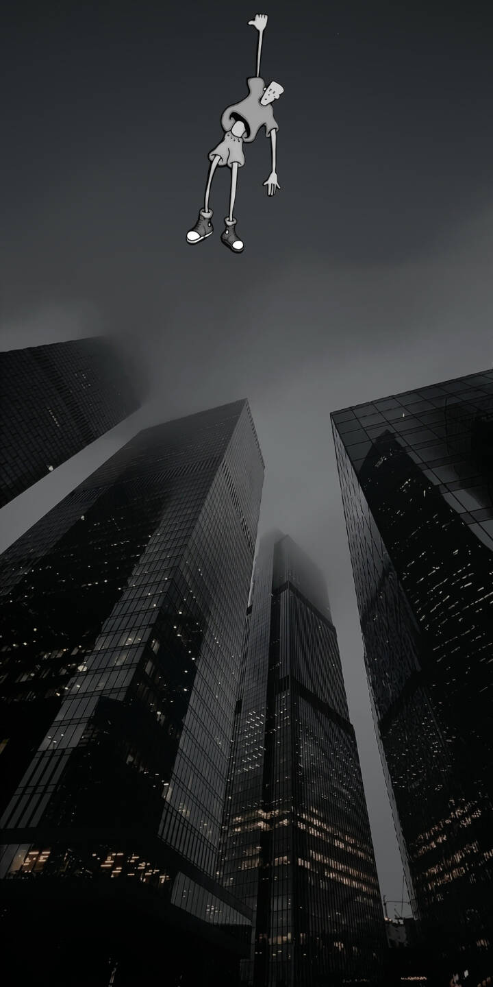 A surreal, limp figure hangs suspended high above a dark, fog-shrouded cityscape with towering, glass skyscrapers in this striking 4K wallpaper. The monochrome aesthetic and glowing windows create an enigmatic urban mood, perfect for an iPhone wallpaper. | urban foggy skyscraper iphone wallpaper mobile 4k wallpaper hd wallpaper dark aesthetic surreal art cityscape suspended figure A surreal, limp figure hangs suspended high above a dark, fog-shrouded cityscape with towering, glass skyscrapers in this striking 4K wallpaper. The monochrome aesthetic and glowing windows create an enigmatic urban mood, perfect for an iPhone wallpaper.