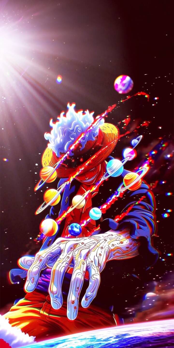 Glowing planets orbit around Monkey D. Luffy in his powerful Gear 5 form, while cosmic light beams down and intricate circuit-like patterns detail his outstretched hand in this stunning 4K wallpaper. This dynamic wallpaper is a perfect fit for any iPhone, bringing the King of the Pirates' cosmic power to your screen. | anime iphone one piece luffy wallpaper mobile digital art 4k wallpaper hd wallpaper gear 5 monkey d luffy cosmic Glowing planets orbit around Monkey D. Luffy in his powerful Gear 5 form, while cosmic light beams down and intricate circuit-like patterns detail his outstretched hand in this stunning 4K wallpaper. This dynamic wallpaper is a perfect fit for any iPhone, bringing the King of the Pirates' cosmic power to your screen.
