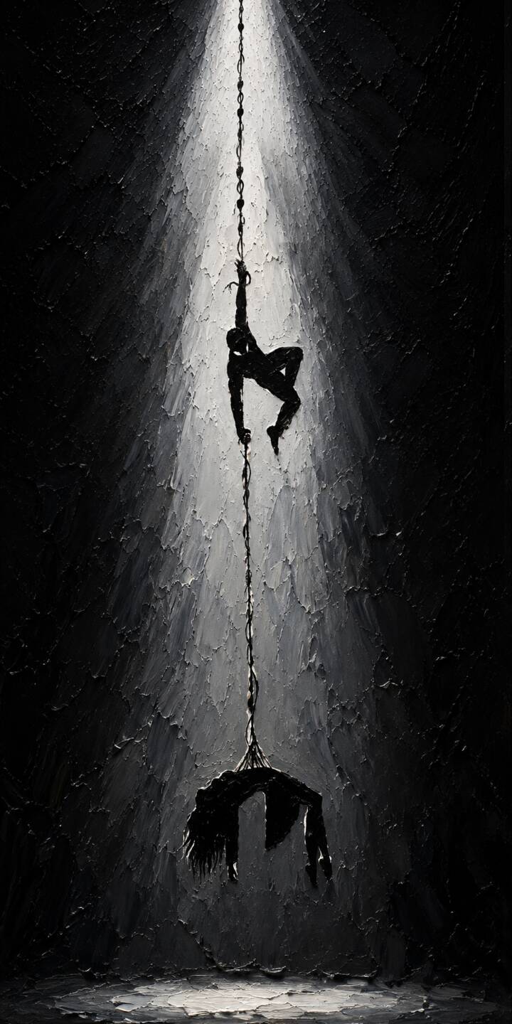 A stark beam of light illuminates a heavily textured, monochromatic scene where a silhouetted figure struggles to climb a rope while another distorted form hangs below. This powerful 4K wallpaper offers a dark, evocative display perfect for your iPhone, providing a uniquely dramatic wallpaper experience. | iphone wallpaper silhouette grayscale mobile climbing moody 4k wallpaper hd wallpaper duality textured dramatic A stark beam of light illuminates a heavily textured, monochromatic scene where a silhouetted figure struggles to climb a rope while another distorted form hangs below. This powerful 4K wallpaper offers a dark, evocative display perfect for your iPhone, providing a uniquely dramatic wallpaper experience.