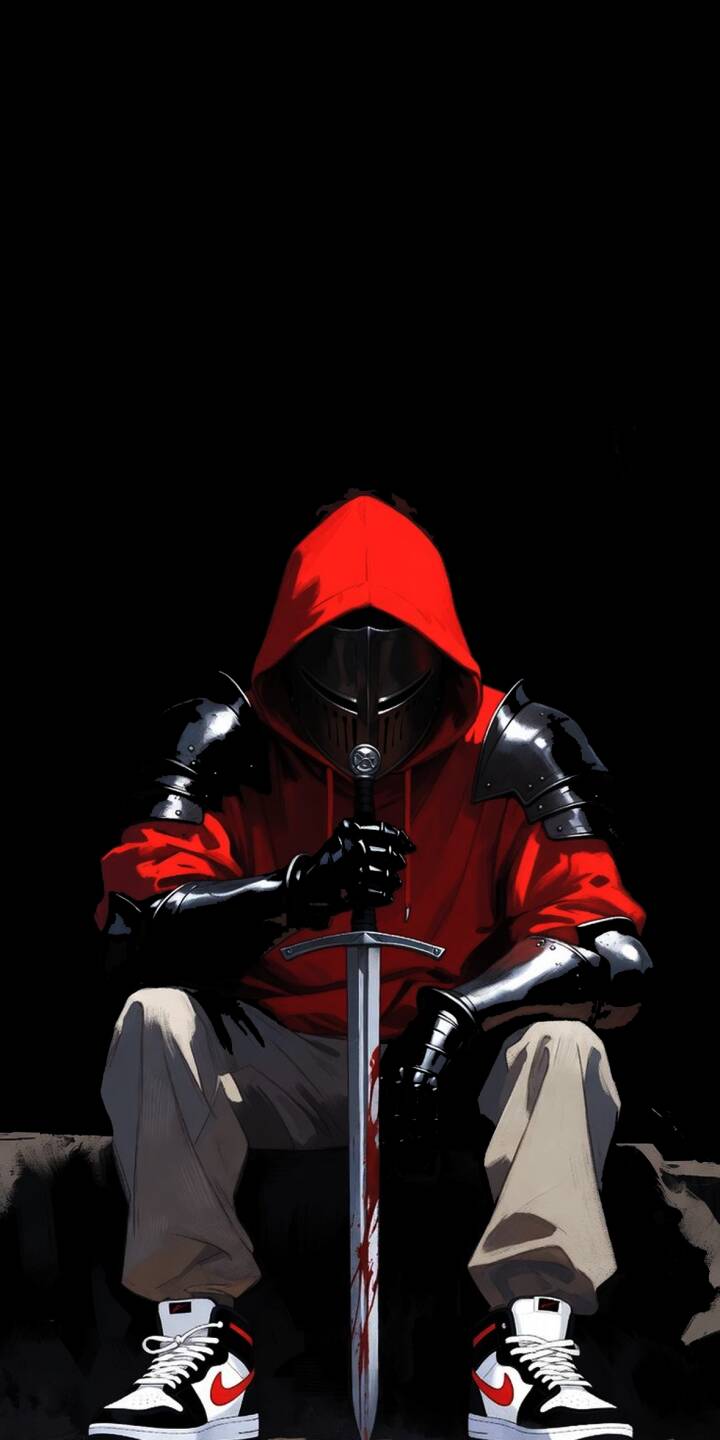 Bloodied sword held firm by a mysterious urban knight, cloaked in a vibrant red hoodie over dark armor and iconic Air Jordan sneakers, creates a striking 4K wallpaper. This captivating blend of medieval and modern street style is a perfect wallpaper for your iPhone. | dark knight iphone wallpaper mobile 4k wallpaper hd wallpaper red hoodie streetwear bloody sword urban knight jordan sneakers Bloodied sword held firm by a mysterious urban knight, cloaked in a vibrant red hoodie over dark armor and iconic Air Jordan sneakers, creates a striking 4K wallpaper. This captivating blend of medieval and modern street style is a perfect wallpaper for your iPhone.