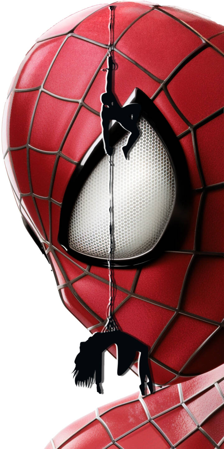 Tiny black silhouettes of Spider-Man and a civilian cling to a delicate web string that divides the iconic red and black masked face in this striking 4K wallpaper, making it a perfect superhero wallpaper for iPhone. | superhero classic marvel spiderman iphone wallpaper mobile 4k wallpaper hd wallpaper web-slinger spider-man comicart Tiny black silhouettes of Spider-Man and a civilian cling to a delicate web string that divides the iconic red and black masked face in this striking 4K wallpaper, making it a perfect superhero wallpaper for iPhone.