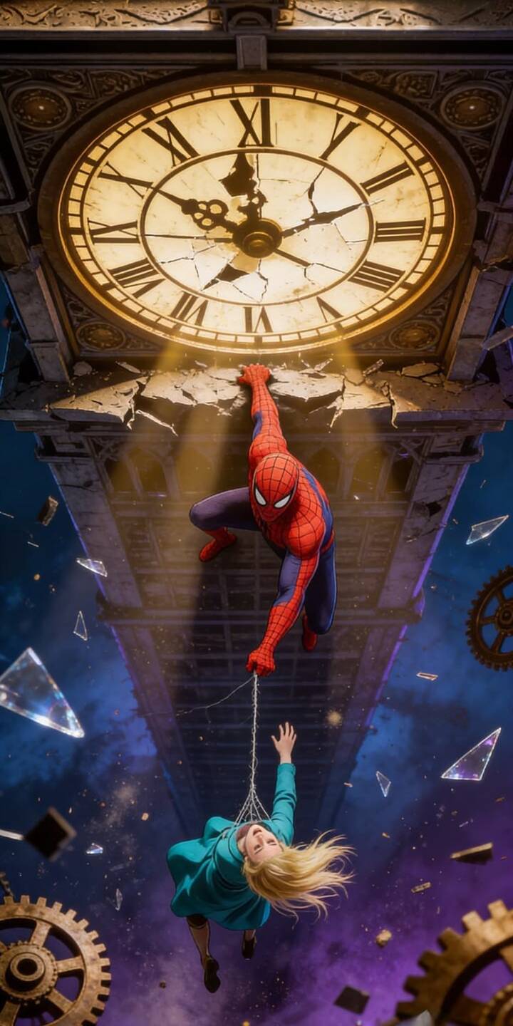 Clinging to a crumbling, colossal clock tower, Spider-Man heroically catches Gwen Stacy with his web as gears and glass shards scatter through a cosmic purple background in this dynamic 4K wallpaper. This action-packed wallpaper is a perfect display for your iPhone. | superhero marvel iphone falling dynamic wallpaper mobile 4k wallpaper hd wallpaper clock tower gwen stacy spider-man Clinging to a crumbling, colossal clock tower, Spider-Man heroically catches Gwen Stacy with his web as gears and glass shards scatter through a cosmic purple background in this dynamic 4K wallpaper. This action-packed wallpaper is a perfect display for your iPhone.