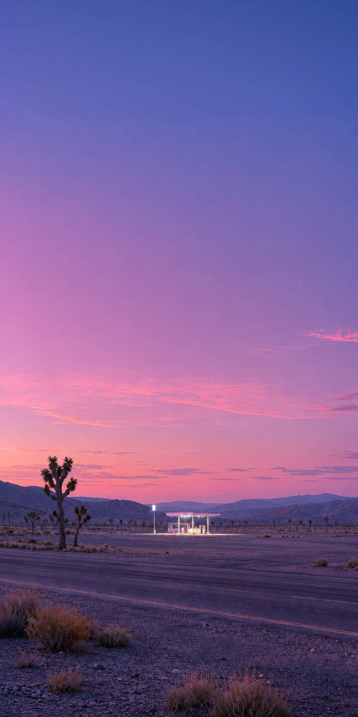 A breathtaking purple and pink gradient sky bathes a vast desert landscape, creating a serene twilight scene. This 4K wallpaper, featuring a solitary illuminated gas station and unique Joshua trees, is a must-have aesthetic wallpaper for your iPhone. | aesthetic landscape sunset purple desert gas station iphone wallpaper mobile 4k wallpaper hd wallpaper joshua tree A breathtaking purple and pink gradient sky bathes a vast desert landscape, creating a serene twilight scene. This 4K wallpaper, featuring a solitary illuminated gas station and unique Joshua trees, is a must-have aesthetic wallpaper for your iPhone.