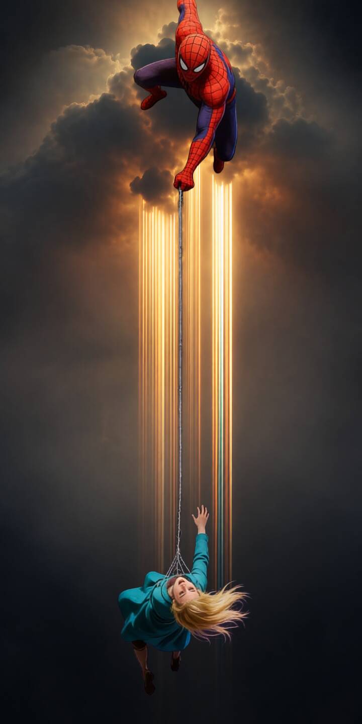 Spider-Man swoops dramatically from stormy clouds, connecting his web to Gwen Stacy as she falls through intense vertical light rays in this striking 4K wallpaper. It makes an epic iPhone wallpaper for fans of the iconic hero. | superhero marvel spiderman iphone wallpaper action mobile 4k wallpaper hd wallpaper epic gwen stacy rescue Spider-Man swoops dramatically from stormy clouds, connecting his web to Gwen Stacy as she falls through intense vertical light rays in this striking 4K wallpaper. It makes an epic iPhone wallpaper for fans of the iconic hero.