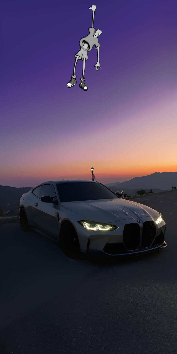 A surreal cartoony figure floats eerily in a vibrant purple and orange gradient sunset sky above a sleek BMW M4 coupe with its bright headlights on in this stunning 4K wallpaper for iPhone. This unique automotive wallpaper combines luxury with quirky art. | aesthetic sunset car iphone wallpaper bmw m4 mobile 4k wallpaper hd wallpaper automotive surreal floating character A surreal cartoony figure floats eerily in a vibrant purple and orange gradient sunset sky above a sleek BMW M4 coupe with its bright headlights on in this stunning 4K wallpaper for iPhone. This unique automotive wallpaper combines luxury with quirky art.