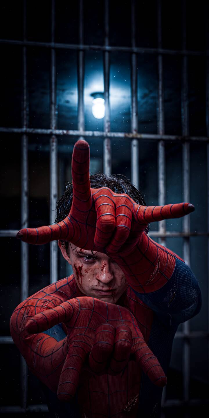 Bloodied and determined, Spider-Man makes a web-shooter gesture in this dramatic 4K wallpaper. This intense wallpaper is a perfect fit for any iPhone showcasing a battle-worn Peter Parker against prison bars. | superhero marvel iphone wallpaper peter parker mobile 4k wallpaper hd wallpaper gritty mcu spider-man tom holland Bloodied and determined, Spider-Man makes a web-shooter gesture in this dramatic 4K wallpaper. This intense wallpaper is a perfect fit for any iPhone showcasing a battle-worn Peter Parker against prison bars.